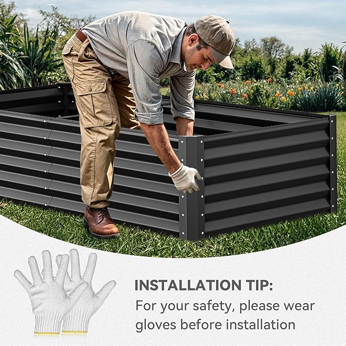 YITAHOME 6x3x1.5ft Large Raised Garden Bed Kit, Galvanized Metal Planter Box with Gloves, Ground Nails, Support Rod, Outdoor Above Ground Planters for Plants Vegetables Flowers, Black
