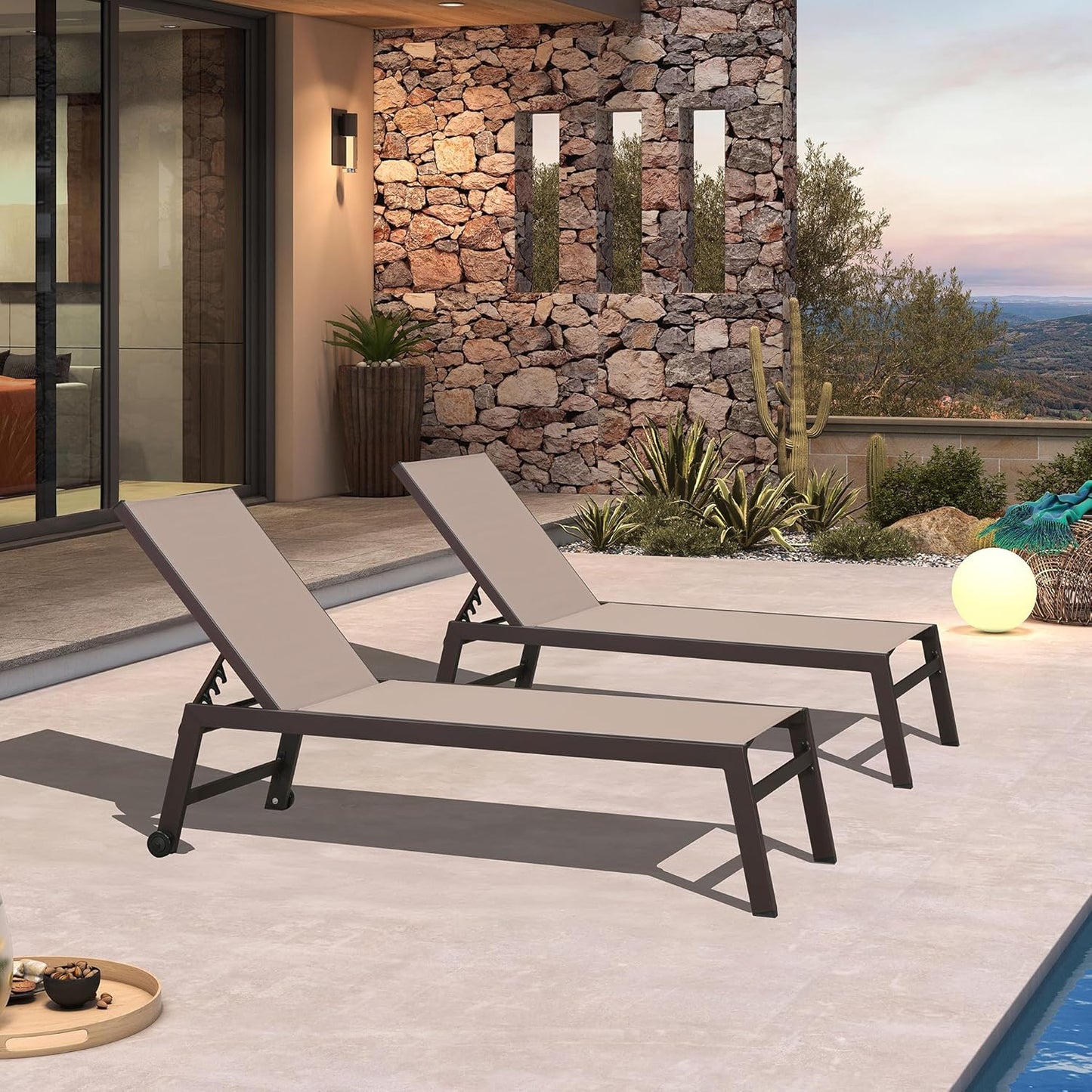 PURPLE LEAF Oversized Patio Lounge Chairs Set of 3, Reclining Pool Lounge Chairs with Side Table and Wheels for All Weather for Outdoor, Deck, Lawn, Aluminum Outside Pool, Taupe