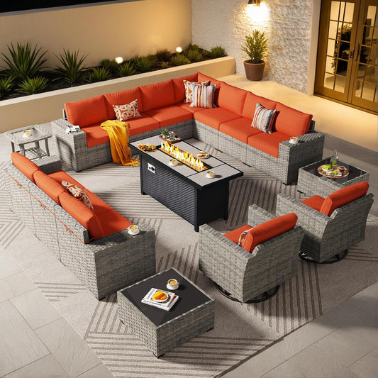 ovios 16 Pieces Patio Furniture Set, Outdoor Wicker Sectional Sofa with 54" Fire Pit Table Swivel Chairs, Modern Modular Deep Seat Rattan Couch Conversation Sets, Orange Red