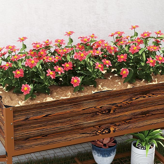 Outsunny Raised Garden Bed with Galvanized Steel Frame, Storage Shelf and Bed Liner, Elevated Planter Box with Legs for Vegetables, Flowers, Herbs, Dark Brown