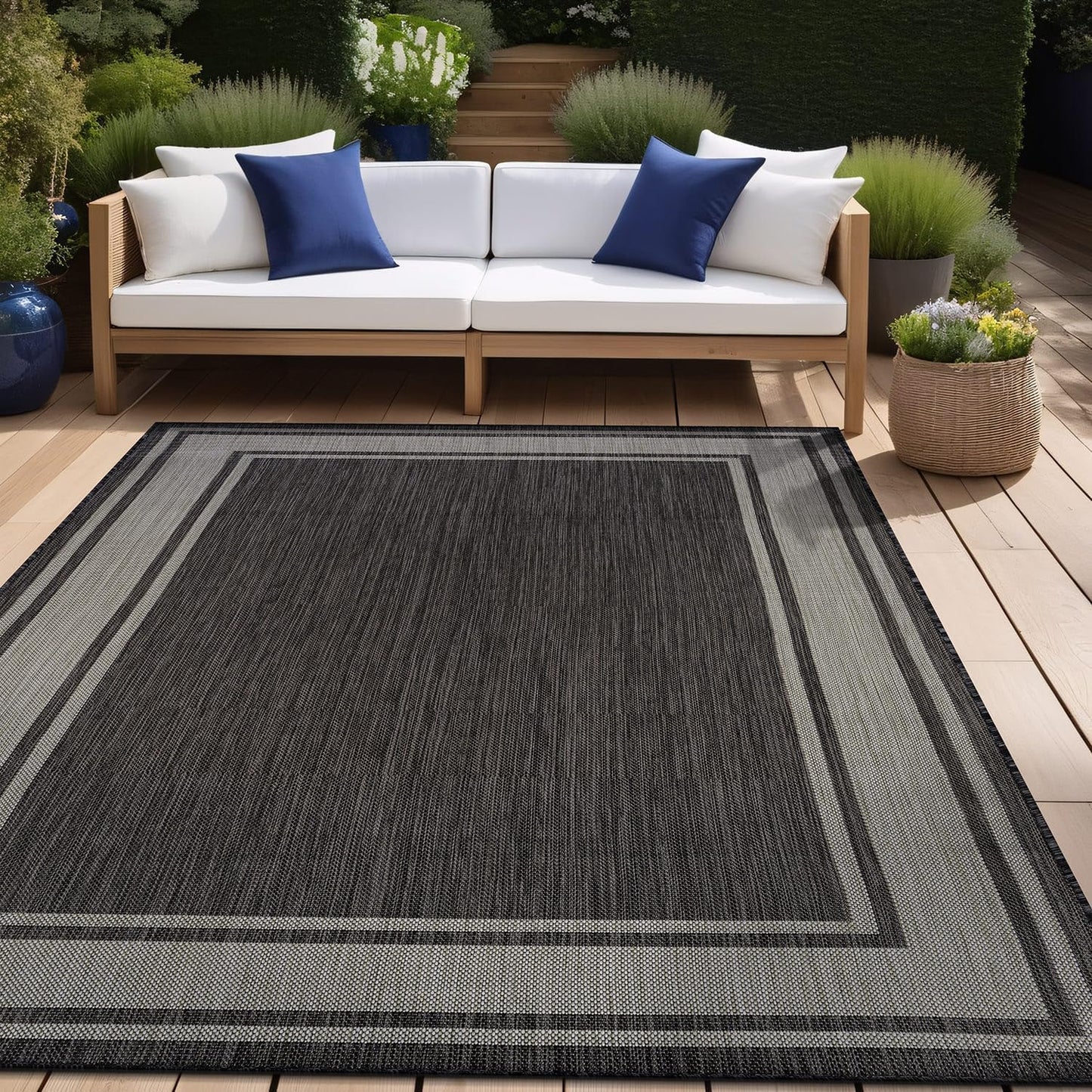 Beverly Rug Large Outdoor Rug 10x14 Modern Bordered Area Rugs for Indoor and Outdoor Patio Deck Porch Garden Waterproof Weather Sun Resistant Washable Outside Carpet (10 x 14 Dark Gray)