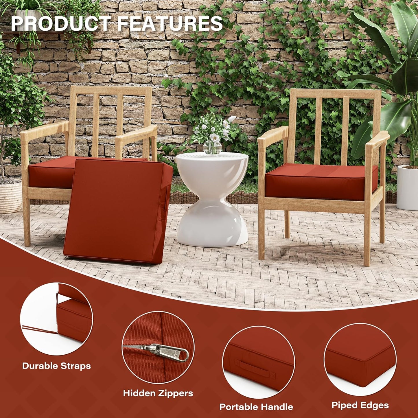 Patio Chair Cushions 19 X 19 X 4 Inch Waterproof Outdoor Seat Cushions for Patio Furniture, Outdoor Sofa Couch Pads with Ties & Handle, Set of 2, Terra Red