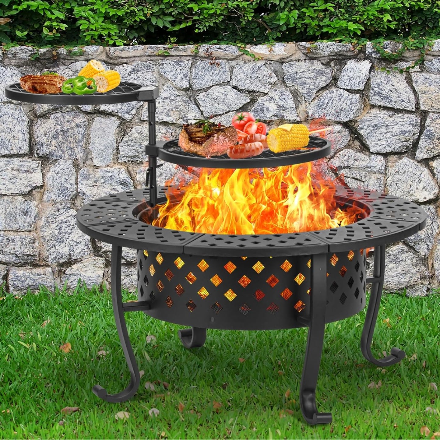 36 Inch Fire Pit with 2 BBQ Grills, Wood Burning Fire Pits for Outside with Lid & Fire Poker, BBQ& Outdoor Firepit & Round Metal Table 3 in 1 for Patio, Picnic, Party