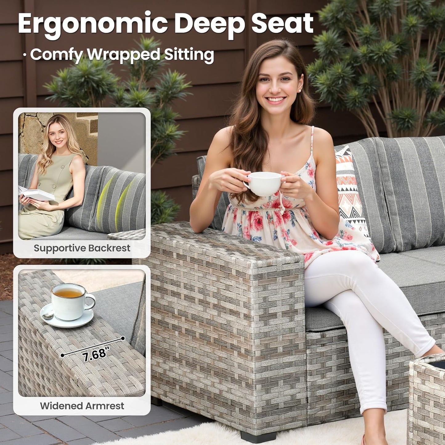 ovios 7 Pieces Patio Furniture Set, Outdoor Wicker Sectional Sofa with 42 Inch Fire Pit Table Comfy Cushions, Modern Modular Deep Seat Rattan Couch Conversation Set, Dark Gray Stripe