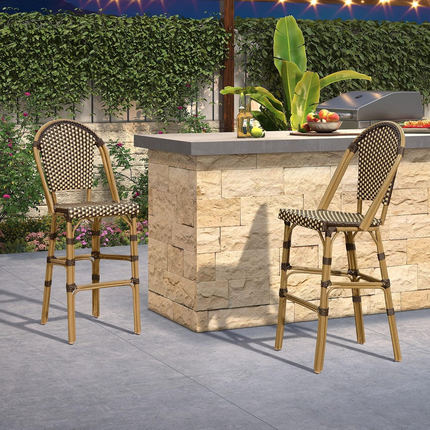 PURPLE LEAF French Counter Height Bar Stool Set of 4 25" Bamboo Print Finish Patio Bar Chairs with Back Rattan Bar Chairs French Bistro Set for Kitchen Outdoor Counter Stool Brown