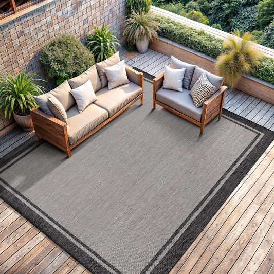 CAMILSON Indoor Outdoor Rug, 6x9 Bordered Gray Modern Area Rugs for Indoor and Outdoor Patios, Kitchen and Hallway Mats, Washable Porch Deck Outside Carpet (Bordered Grey, 6 x 9)