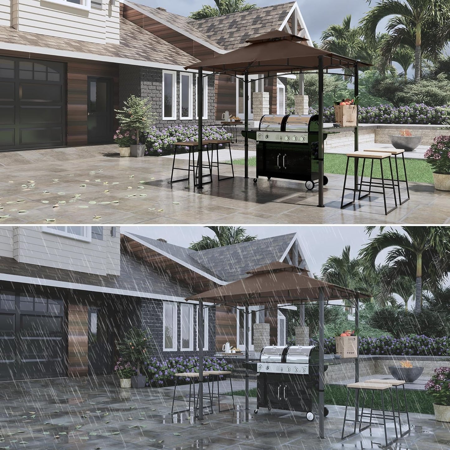 COOSHADE 8'x 5' Grill Gazebo Double Tiered Outdoor BBQ Gazebo Canopy with LED Light (Brown)