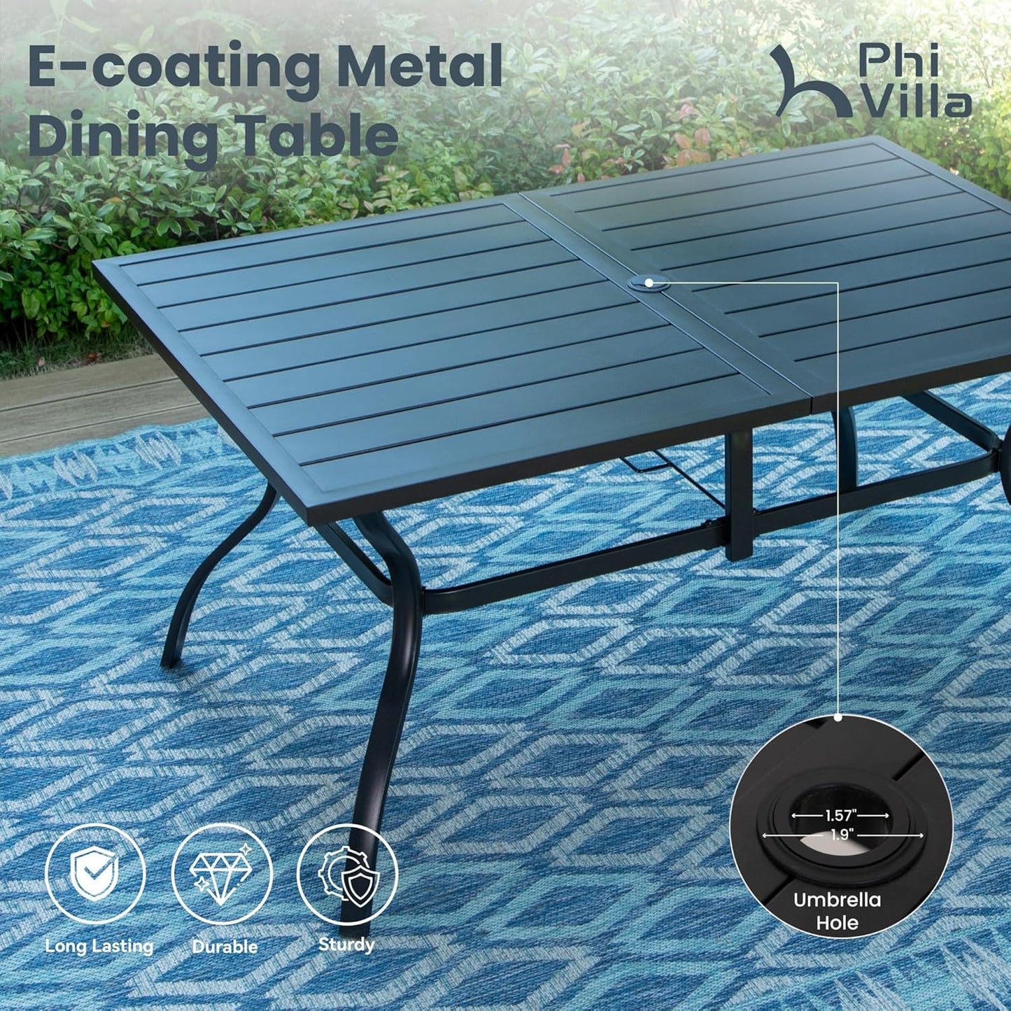 PHI VILLA 7 Piece Outdoor Patio Dining Set, Large Metal Table (1.57'' Umbrella Hole) and 6 Swivel Dining Chairs with Textilene Mesh Fabric, All Weather Patio Furniture Set for Deck Lawn Garden (Blue)