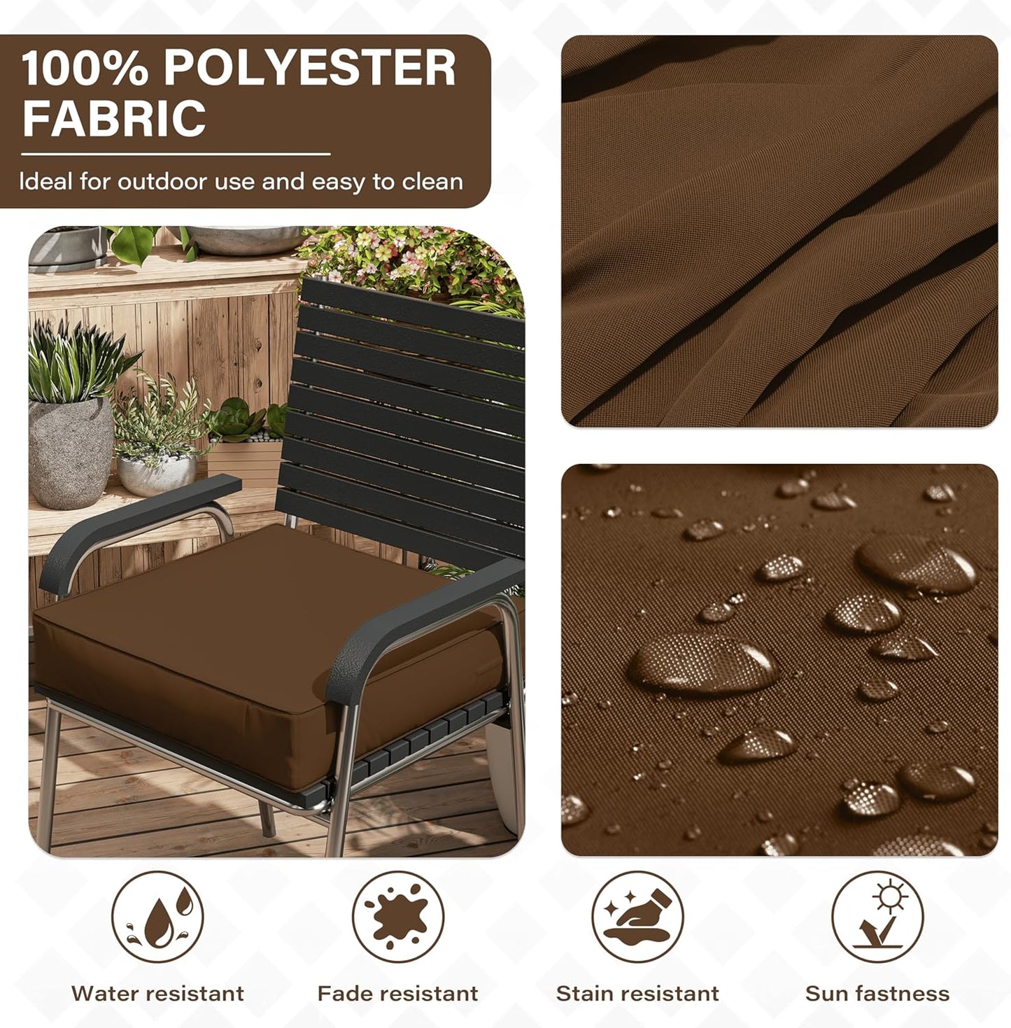 Patio Chair Cushions 24 X 24 X 5 Inch Waterproof Outdoor Seat Cushions for Patio Furniture, Outdoor Sofa Couch Pads with Ties & Handle, Set of 2, Chocolate