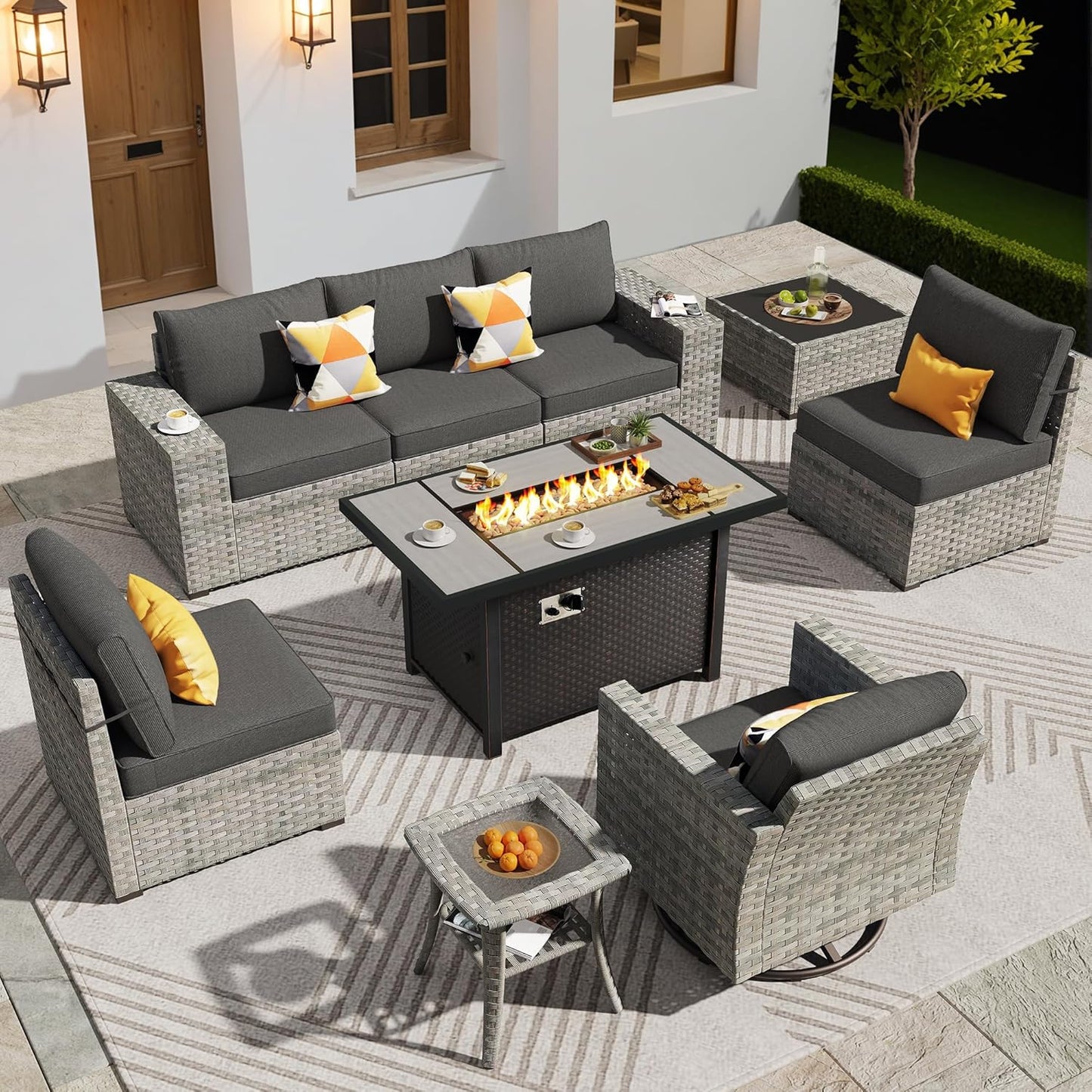 ovios 9 Pieces Patio Furniture Set, Outdoor Wicker Sectional Sofa with 42" Firepit Table Swivel Chair, Modern Modular Deep Seat Rattan Couch Conversation Sets, Black