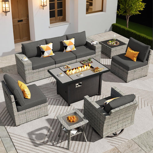 ovios 9 Pieces Patio Furniture Set, Outdoor Wicker Sectional Sofa with 42" Firepit Table Swivel Chair, Modern Modular Deep Seat Rattan Couch Conversation Sets, Black