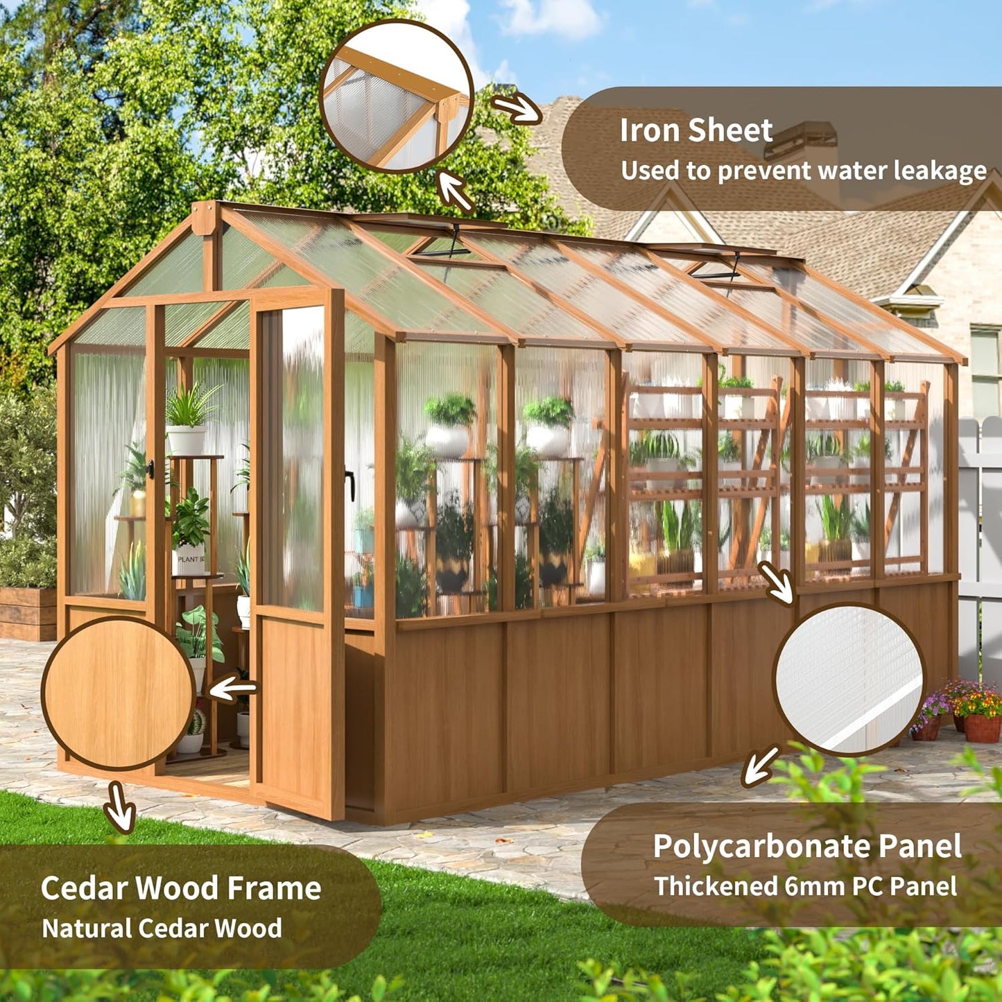 6x12 FT Wooden Greenhouse for Outdoors, Walk-in Greenhouse with 6MM Thick Polycarbonate Panel and Adjustable Roof Vents, Garden Backyard, Wood Colour