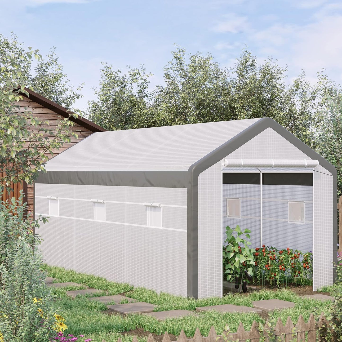 Outsunny 20' x 10' x 9' Walk-in Greenhouse, Outdoor Garden Warm Hot House with 6 Roll-up Windows, 2 Zippered Doors and Weather Cover, White