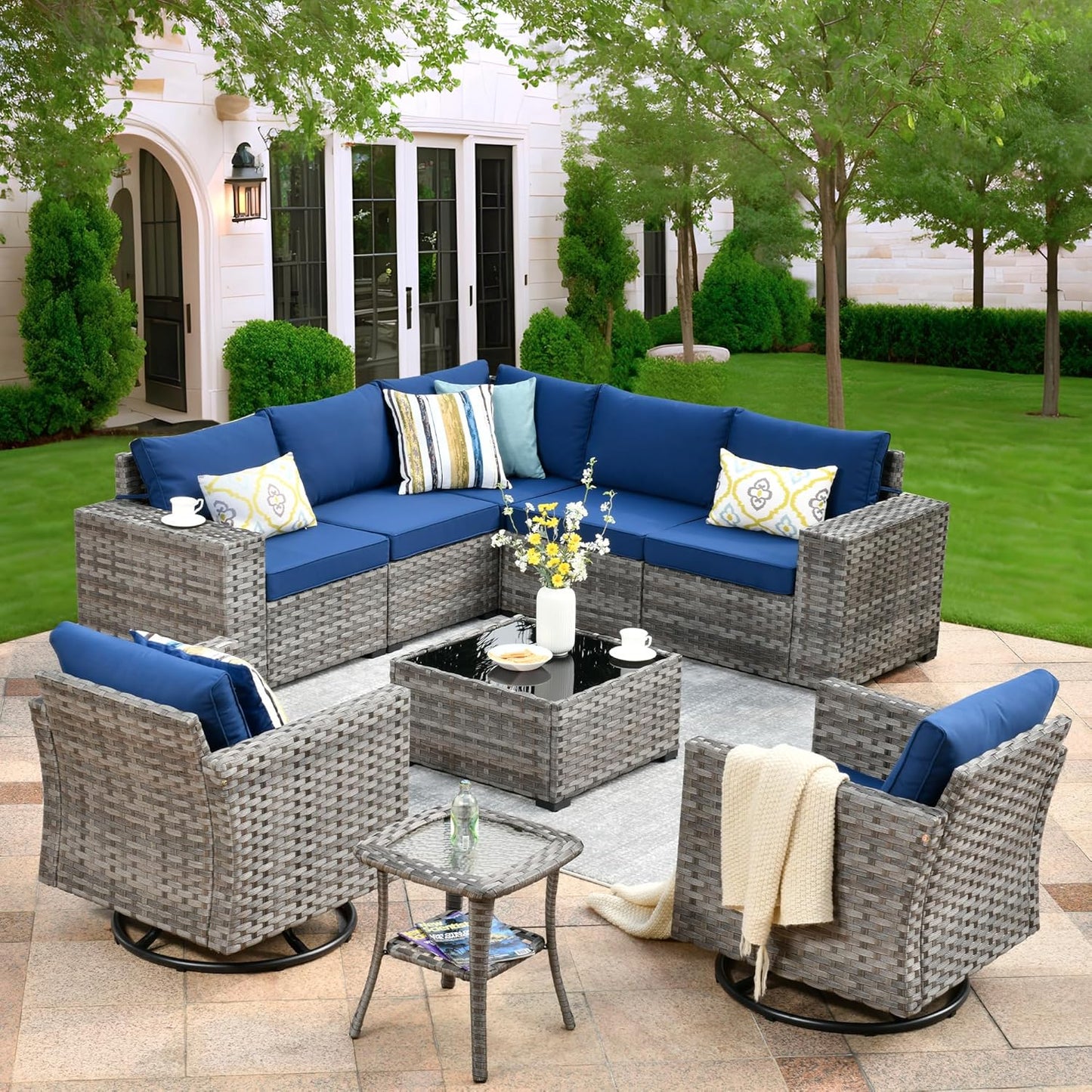 ovios 9 Pieces Patio Furniture Set, Outdoor Wicker Sectional Sofa with 2 Swivel Chairs Coffee Table, Modern Modular Deep Seat Rattan Couch Conversation Sets, Navy Blue