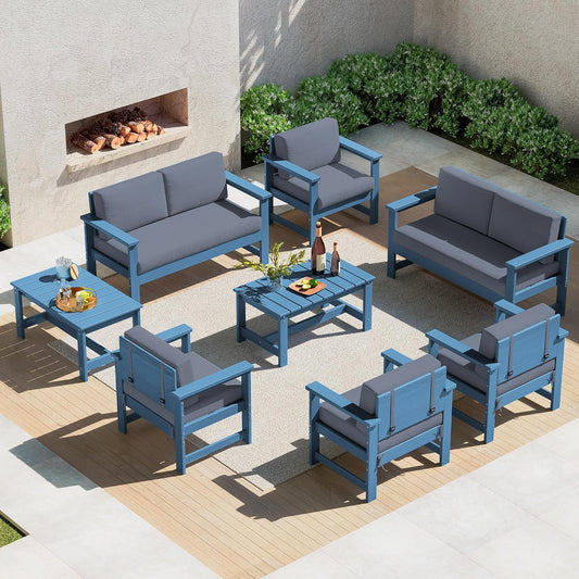 SERWALL 8 Pieces HDPE Outdoor Conversation Sofa Set with Cushion, All Weather Couch Loveseat Furniture Set with Pads, Outdoor Social Sofa Coffee Table Set, Blue Frame with Grey Cushions