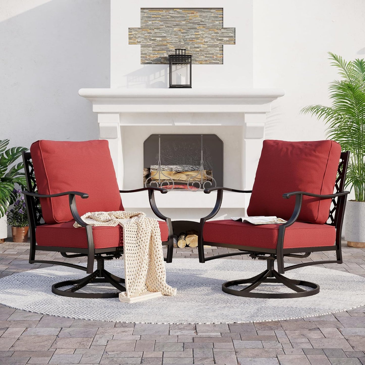 Metal Outdoor Swivel Patio Chairs Set of 2 with 5.75" Extra Thick Cushion, 2 Piece High Back Swivel Rocker Patio Chairs Outdoor Furniture Seating for Deck Balcony Front Porch, Red