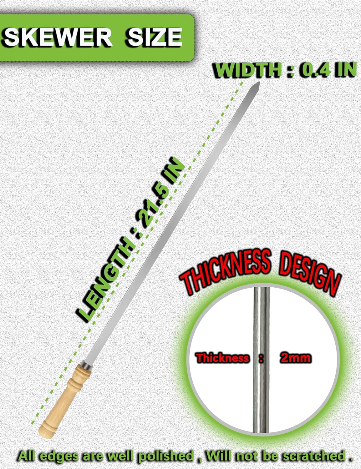 21.5" Long 304 Stainless Steel Skewers for Grilling with Wood Handle,Wide Flat Metal Skewers for Kabobs,Kabob Skewer,BBQ Barbecue Skewer Reusable for Outdoor Grill（6 PCS）