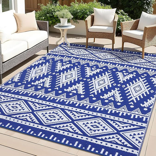 OLANLY Outdoor Rug Waterproof 9x18 ft, Reversible Outdoor Plastic Straw Rug, Boho Patio Rug, Indoor Outdoor Carpet, RV Mat Outside for Patio, Camp, Picnic, Balcony, Deck, Backyard, Blue & White