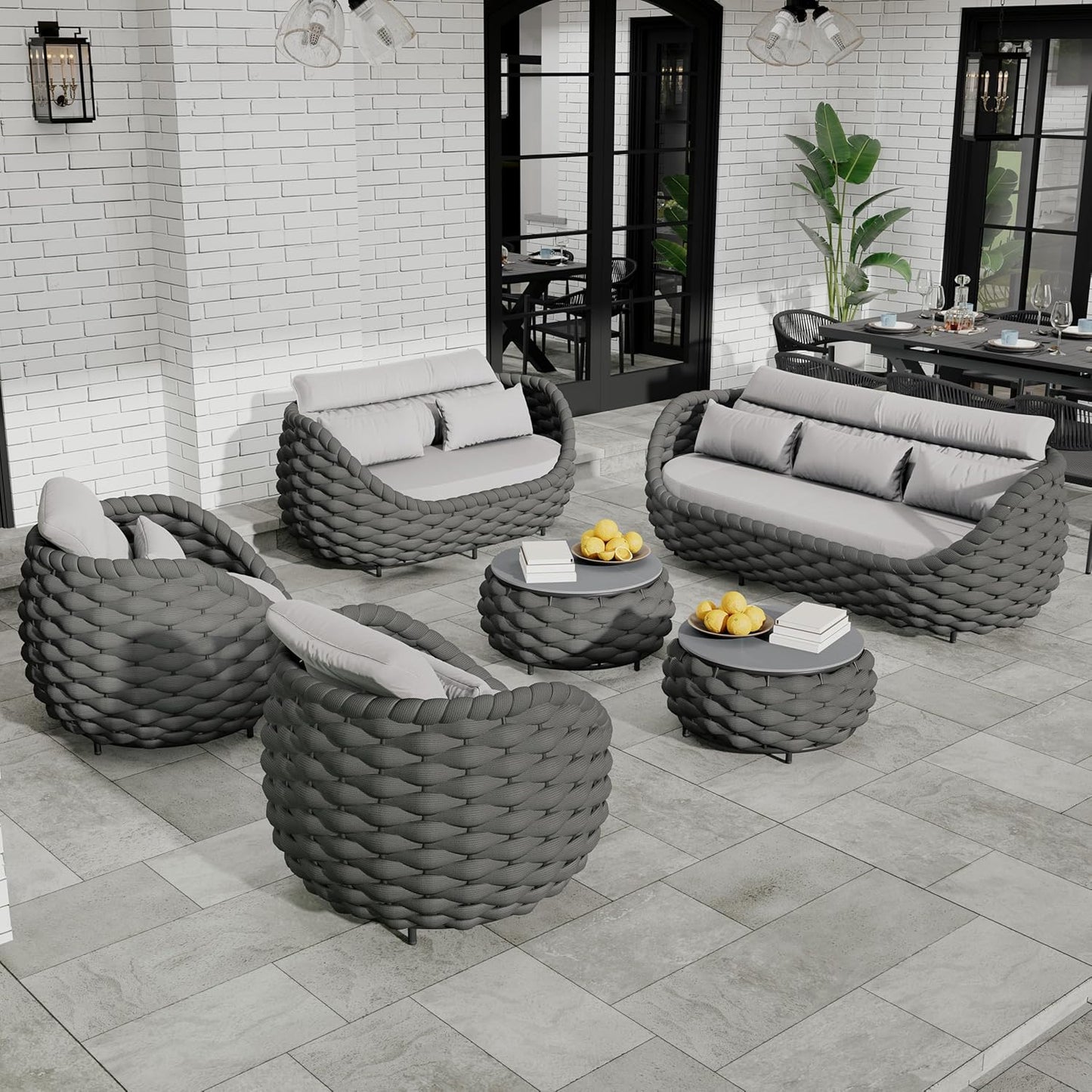 Patio Conversation Deck Furniture Set: 6-Piece Aluminum Woven Rope Outdoor Sofa Set - Modern Cushioned Couch Set - No Assembly Metal Porch Seating for Deck Yard Garden Lanai Pool Hotel Resort