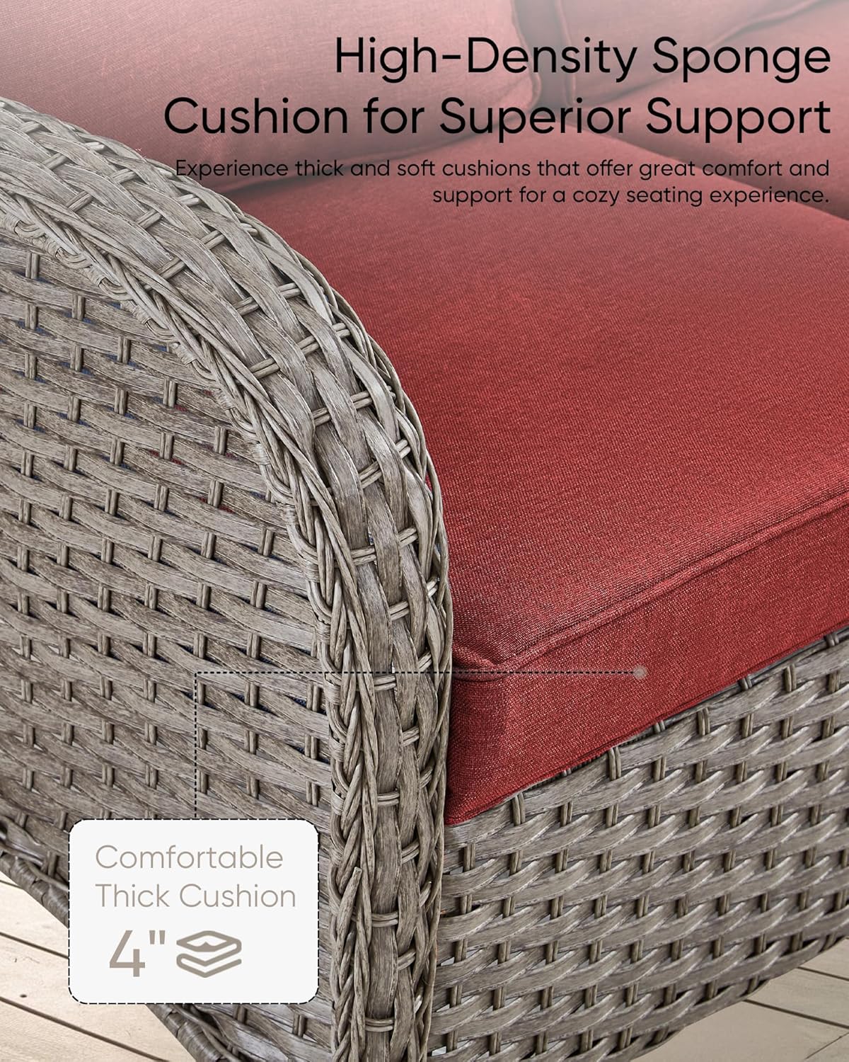 HUMMUH Outdoor Furniture-8 Piece Wicker Patio Furniture Set with Patio Swivel Chair Wicker Rattan Couch with Outdoor Rocking Chair Patio Conversation Set for Deck Lawn Porch Balcony Poolside-Grey/Red