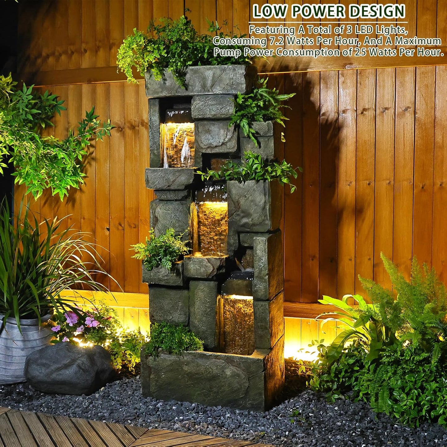 Garden Water Fountains Outdoor Floor Standing, 3 Tier Rock Waterfall Fountain with LED Lights and Pump for Garden, Patio, Backyard, Deck, Porch and Home Art Deco, 56.3" Very Tall