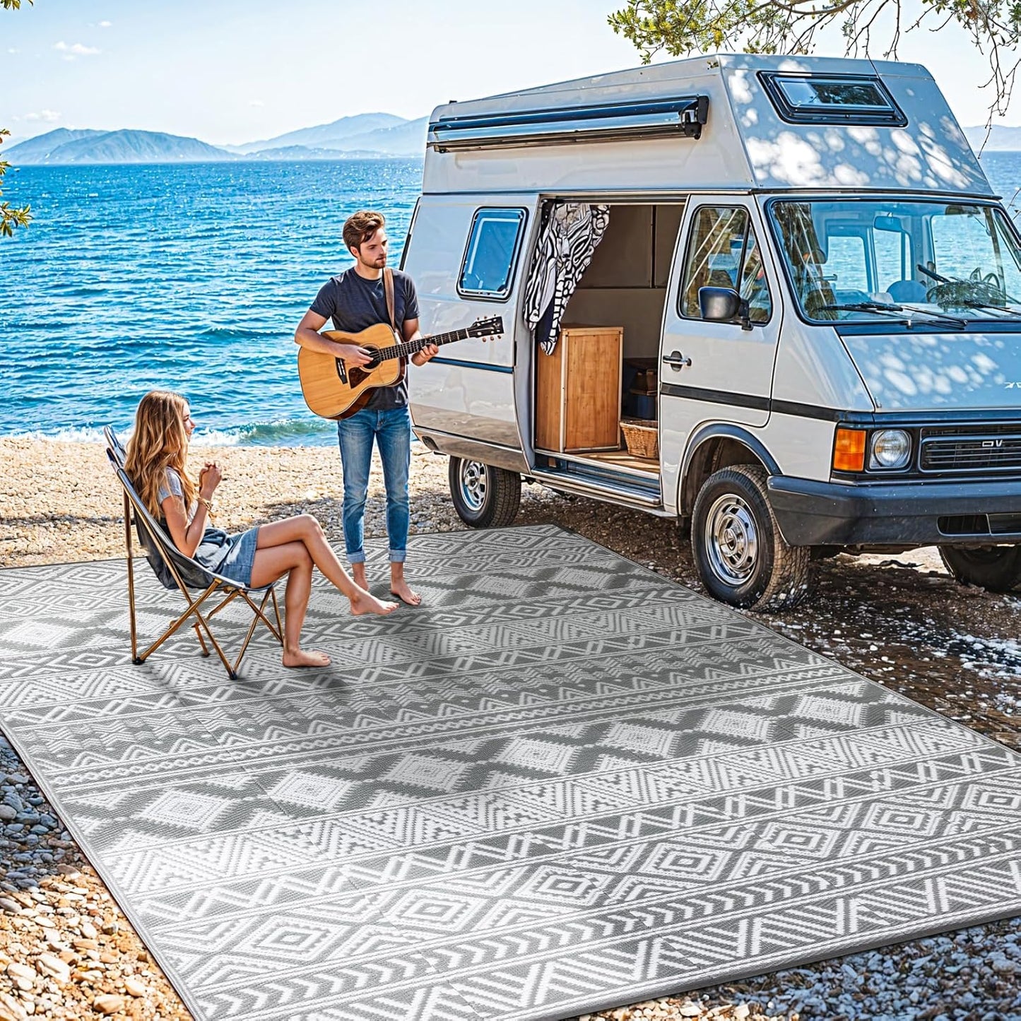 9'x12' Reversible Outdoor Rug - Eco-Friendly Plastic Straw Rug-Heavy-Duty Waterproof Mat, UV & Fade Resistant for Patio, Camping, RV, Deck, Balcony(9x12,Gray&White)