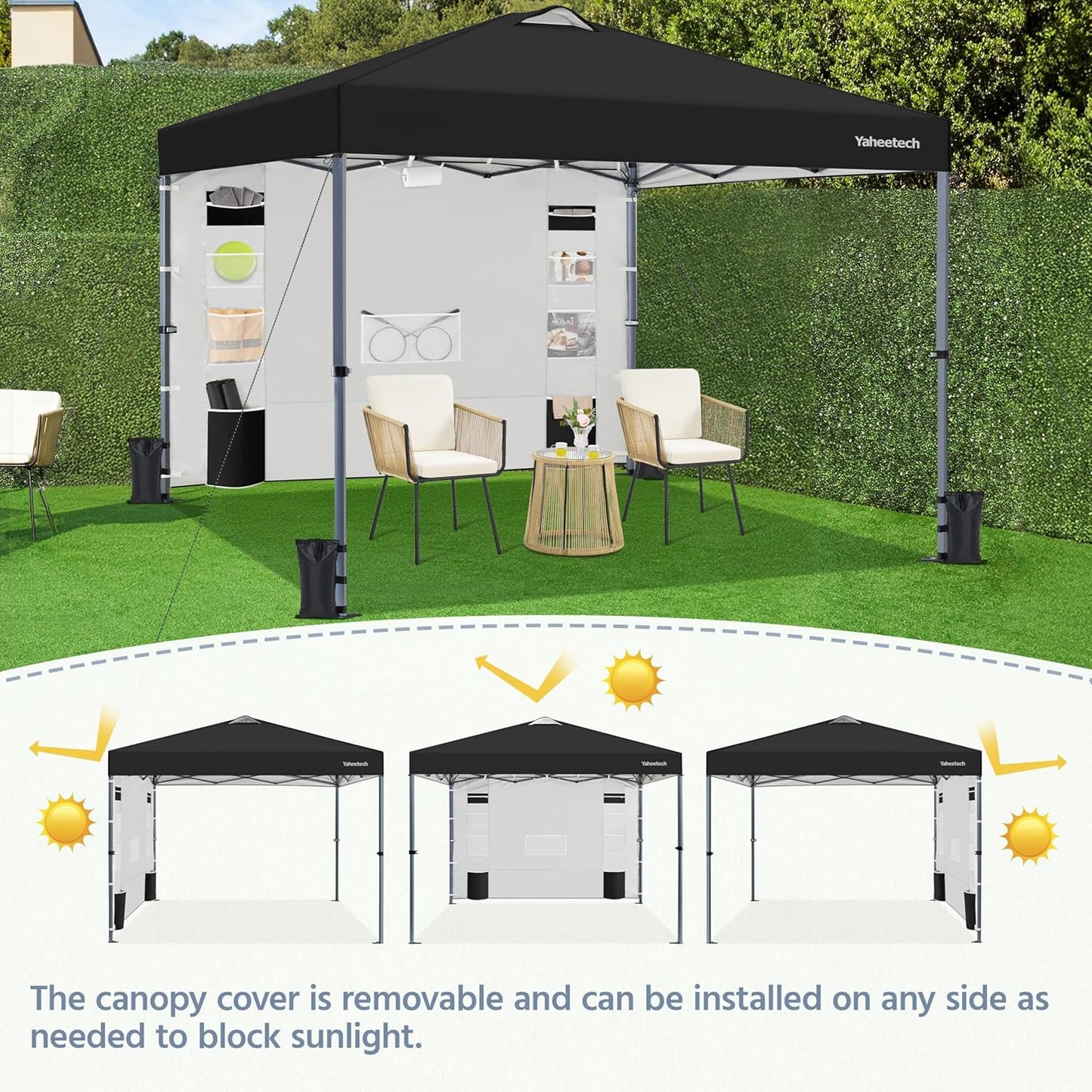 Yaheetech 10x10 Pop-up Canopy Tent w/Removable Pockets Sidewall for Extra Storage, Outdoor Sun Shelter Waterproof & Durable w/Wheeled Bag, Sandbags & Guylines for Beach Camping Party (Black)