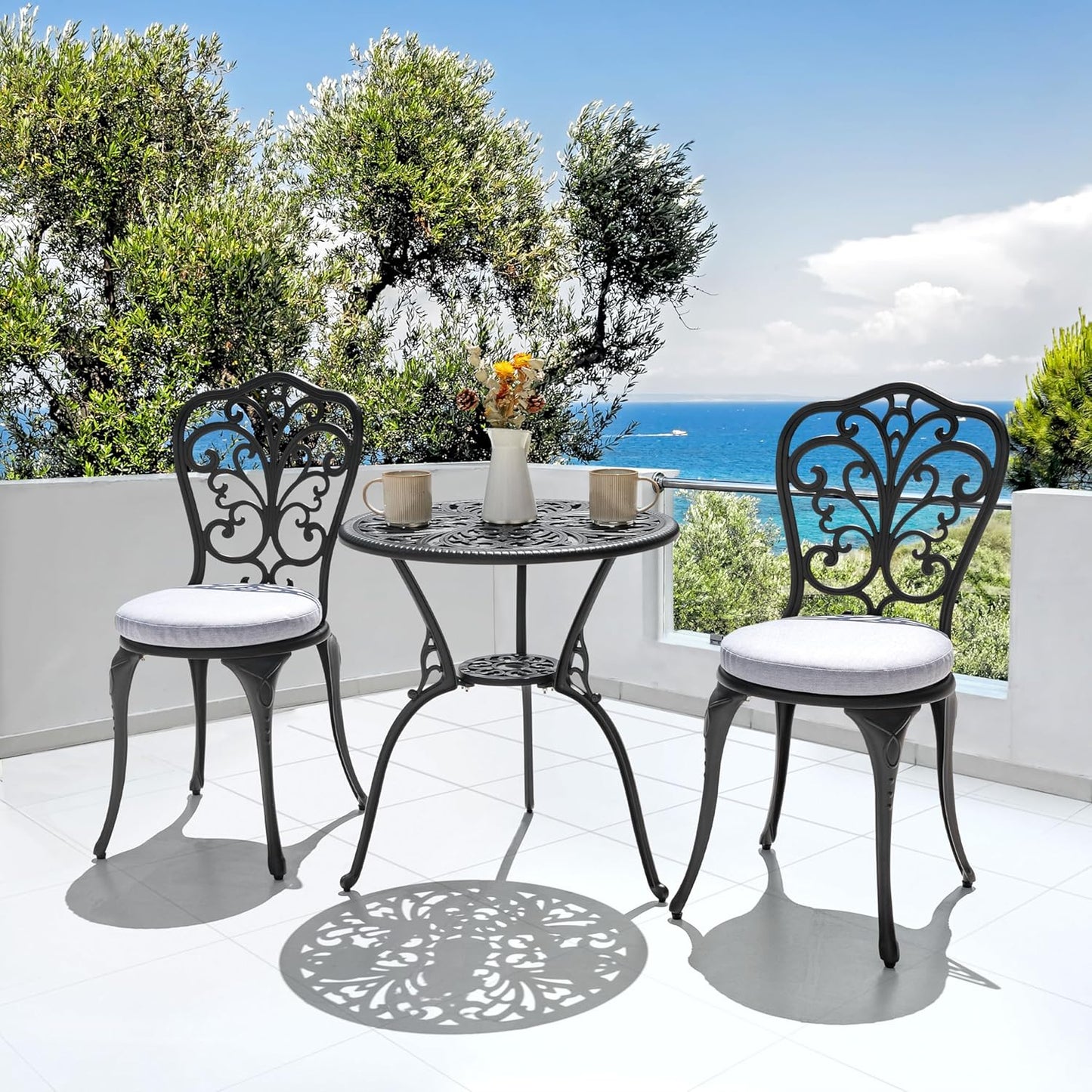 NUU GARDEN 3 Piece Outdoor Bistro Table Set, All Weather Cast Aluminum Patio Bistro Sets Patio Table and Chairs Set of 2 with Umbrella Hole for Yard, Garden, Balcony, Black