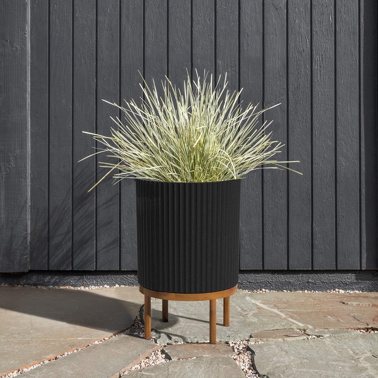 Veradek Demi Series Round Planter w/ Stand for Porch/Patio | Durable Plastic-Concrete & Wooden Stand | Modern Décor for Tall Plants, Flowers