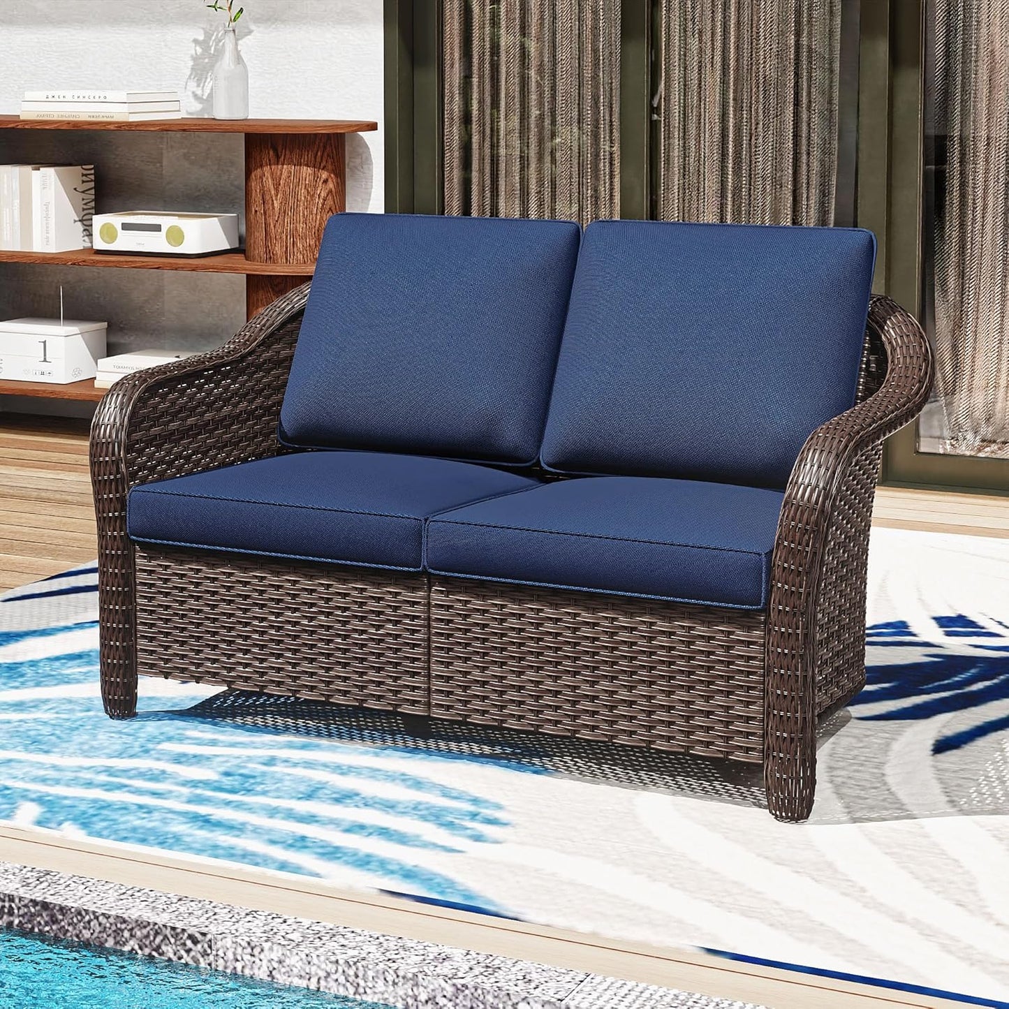 55" Outdoor Loveseat Wicker 2-seat Sofa with Removable Cushions, Conversation Patio Furniture, PE Rattan Couch, Steel Frame Couch with Cushions for Backyard, Deck (Navy Blue)