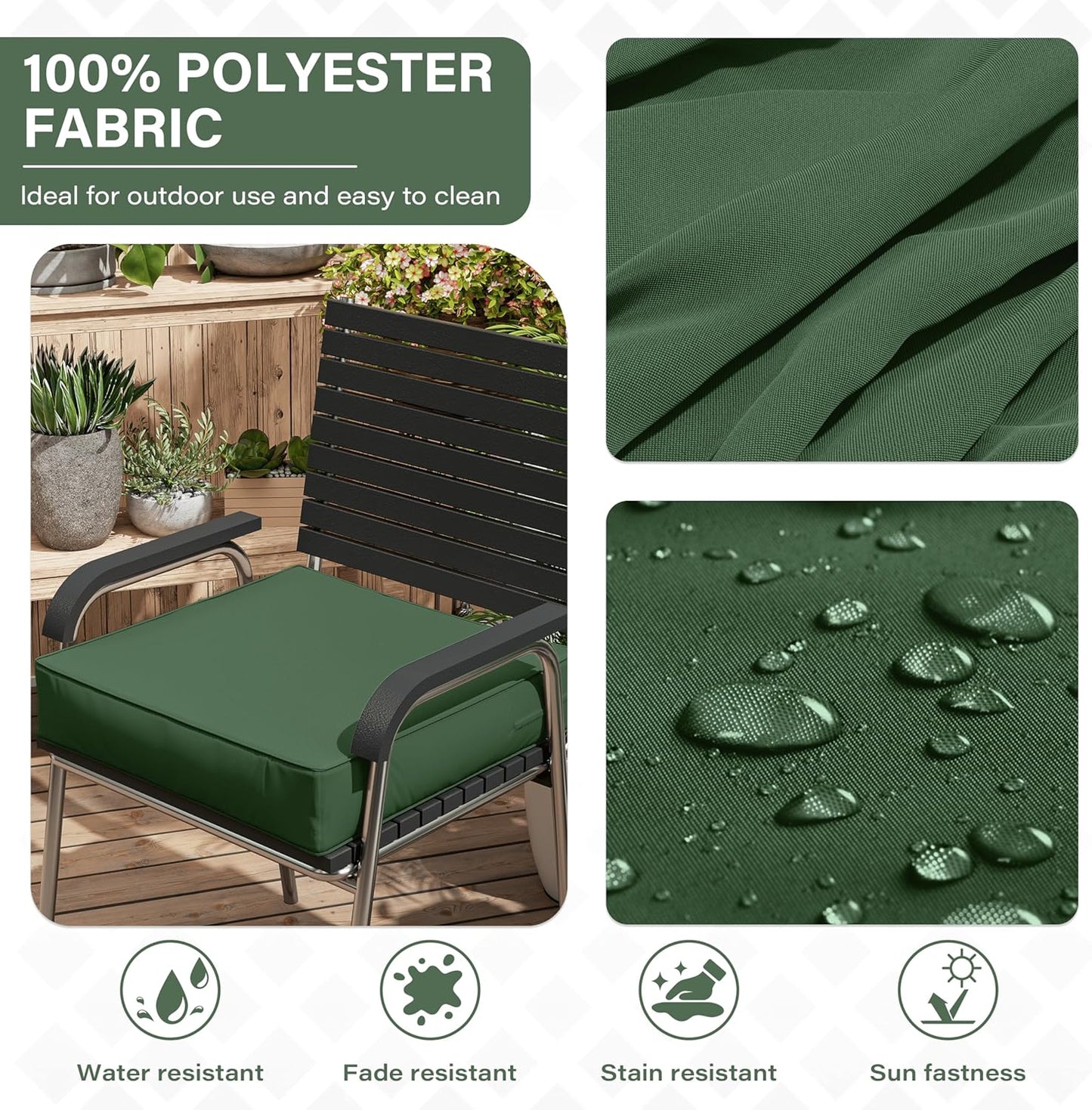 Patio Chair Cushions 24 X 24 X 5 Inch Waterproof Outdoor Seat Cushions for Patio Furniture, Outdoor Sofa Couch Pads with Ties & Handle, Set of 2, Green