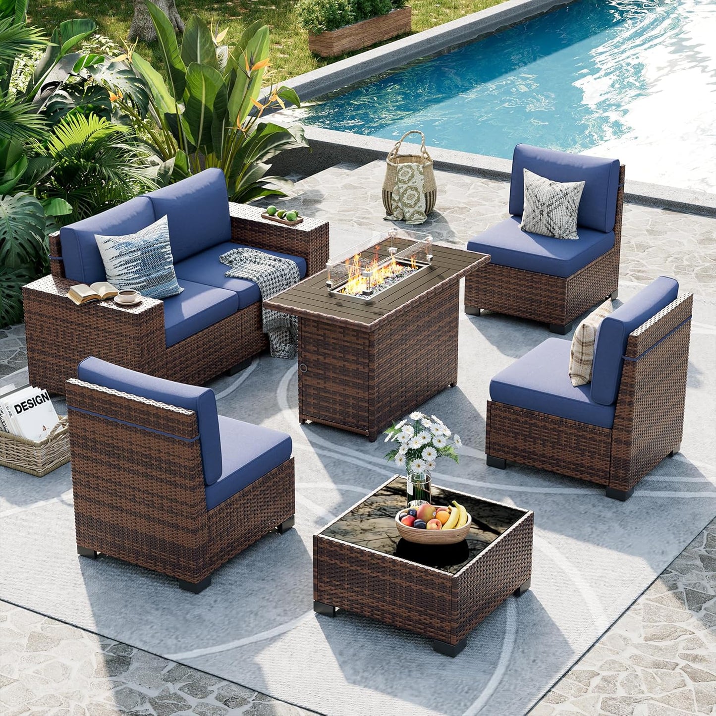 UDPATIO Patio Furniture Set with Fire Pit Table, 8 Inch Armrest Outdoor Sectional Sofa, 7 Piece Wicker Outdoor Furniture Conversation Sets with Waterproof Cover for Backyard Deck(Brown/Navy Blue)