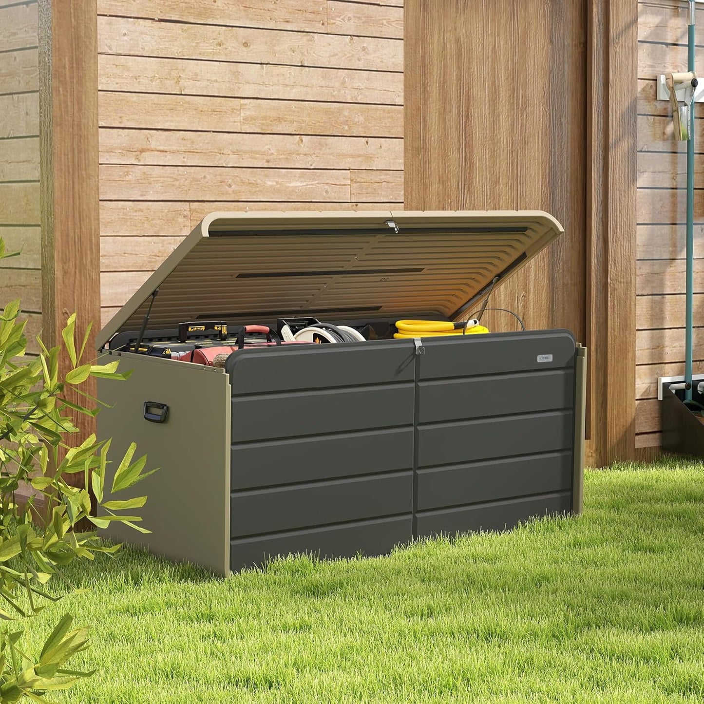 Domi 160 Gallon Resin Deck Box, Waterproof & UV-Resistant Outdoor Large Storage Box Lockable Storage Bin for Patio Cushions Pool Supplies Garden Tools and Delivery Storage