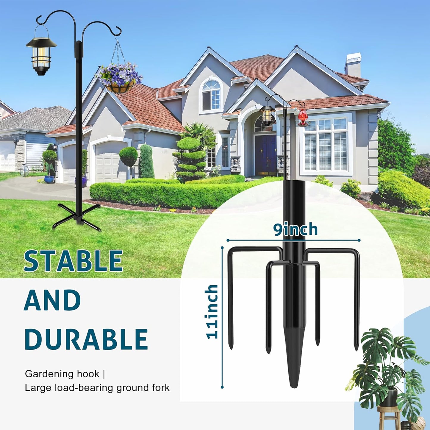 Ottsuls Double Shepherds Hooks for Outdoor, 76 Inch Bird Feeder Pole with 5 Prong Base, Upgrade 1 INCH Thick Heavy Duty Planter Hook for Hanging Baskets, Lantern,1 Pack