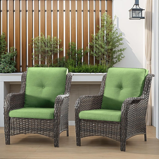 Patio Wicker Chairs Set of 2, Patio Rattan Dining Chairs with 3.5-inch Seat Cushions, High Back and Curved Armrest for Garden, Backyard, Balcony and Deck, Green