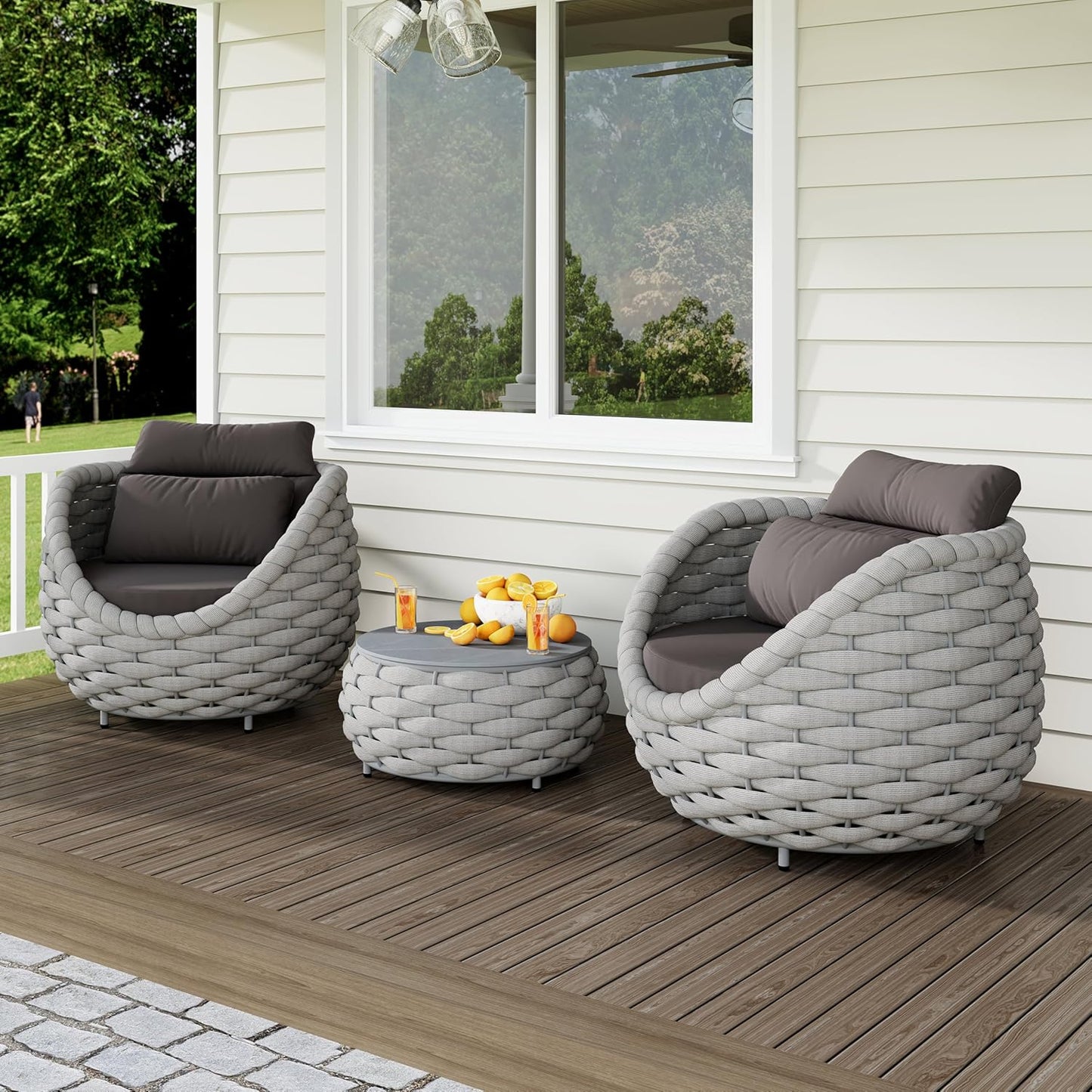 3 Pieces Aluminum Patio Furniture Sofa Sets: Hand Woven Rope Outdoor Conversation Set of 2 - Assembled Modern Cushions Couch Armchair Table Set - All Weather for Indoor Deck Porch Pool Hotel