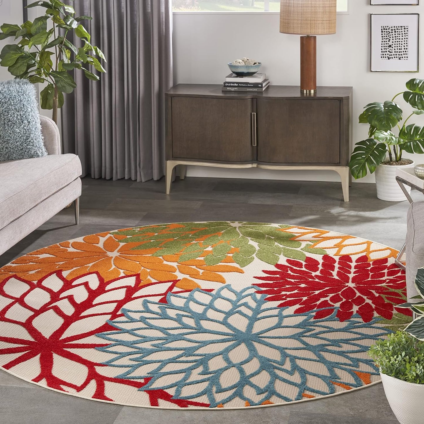 Nourison Home Aloha Indoor/Outdoor Green 7'10'' x Round Area-Rug, Tropical, Botanical, Easy Clean, Non Shedding, Bed Room, Living Room, Dining Room, Deck, Backyard, Patio (8 Round)