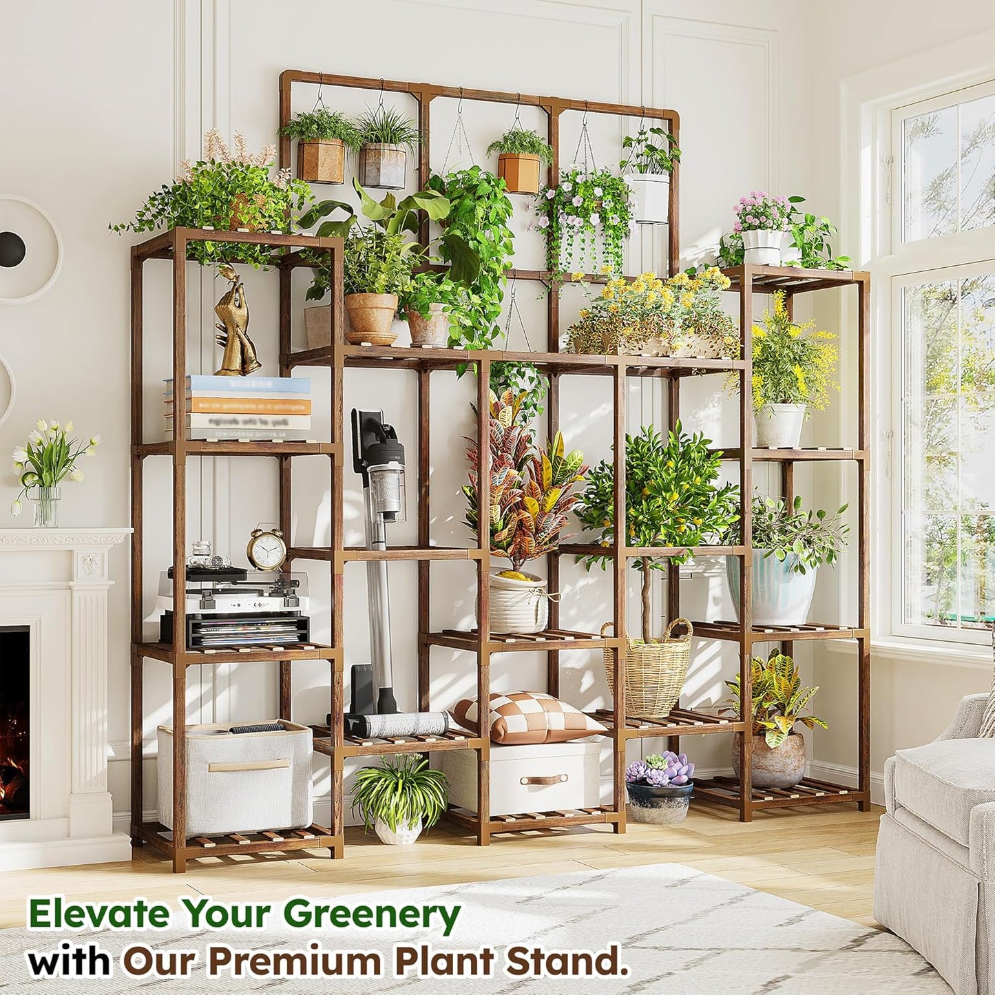EnHomee 63''H Plant Stand Indoor Tall Plant Stands Outdoor with 7 Tiers and 14 Potted Upgrade Wood Plants Shelves Stand for Living Room Patio Balcony Yard Garden, 11.8''D×56''W×63''H