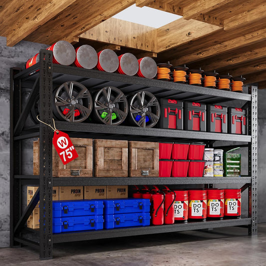 75” W Heavy Duty Metal Shelf, 8000LBS Metal Garage Shelving Units, 4 Tier Storage rack shelves, Steel Industrial Shelving , Adjustable Standing Shelf for Basement/Warehouse 75"W x 24"D x 70"H, Black