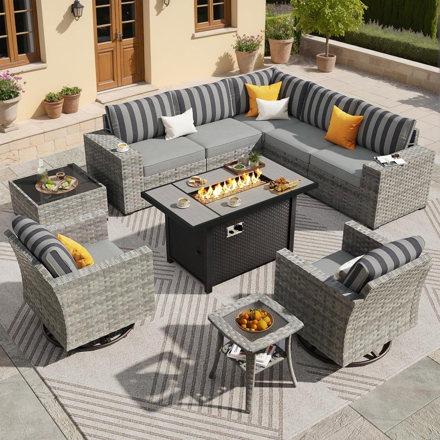 ovios 10 Pieces Patio Furniture Set, Outdoor Wicker Sectional Sofa with 42" Fire Pit Table Swivel Chairs, Modern Modular Deep Seat Rattan Couch Conversation Sets, Dark Gray Stripe