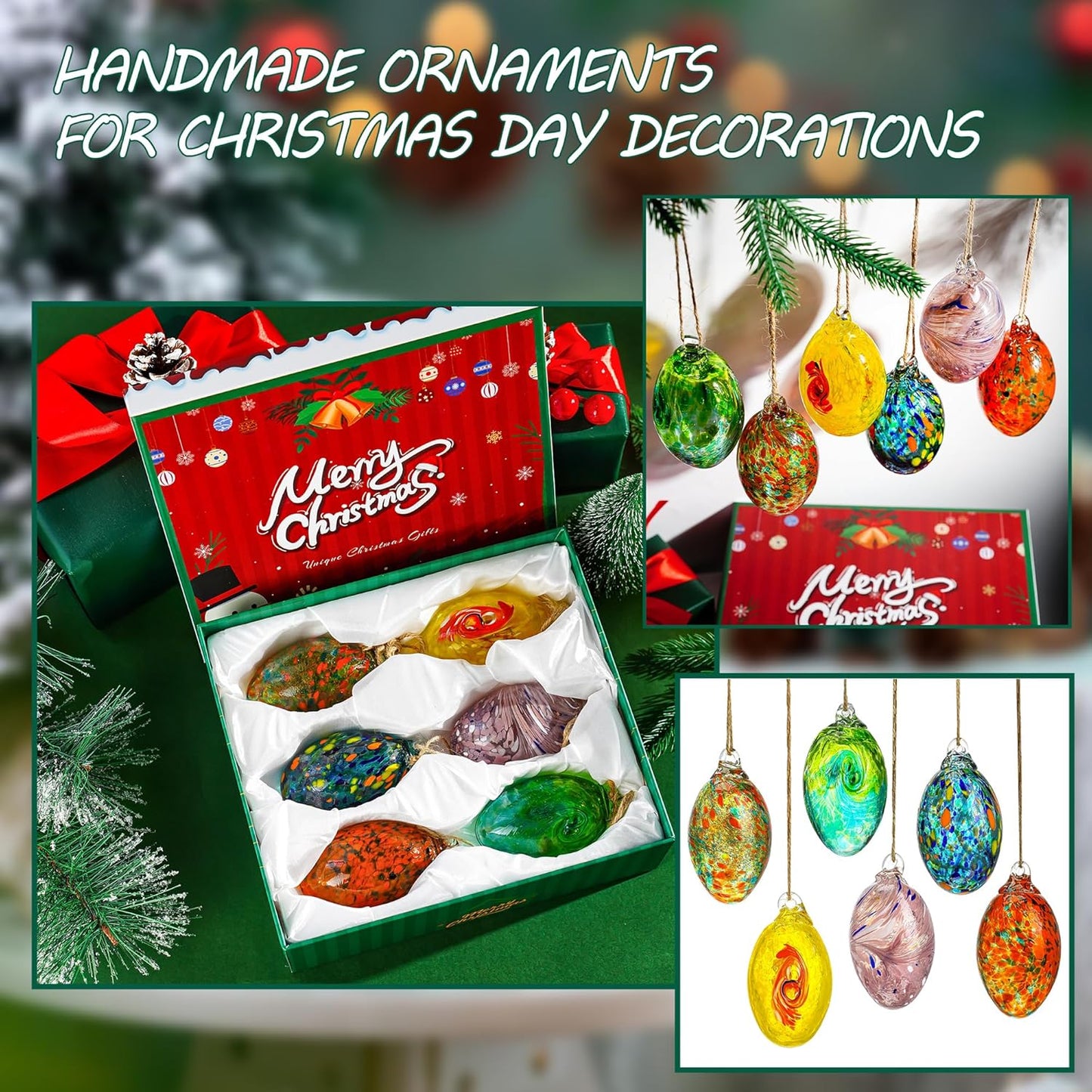 6PCS Hand Blown Glass Egg Ornaments Colorful Hanging Ornament Balls Gazing Ball Friendship Ball Decor for Garden Patio Window Christmas Tree