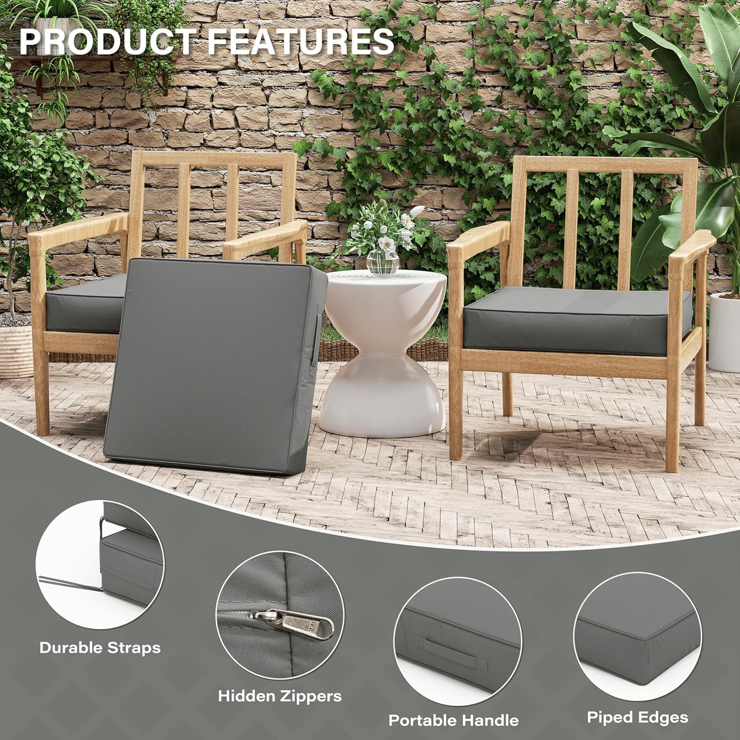 Patio Chair Cushions 22 X 22 X 4 Inch Waterproof Outdoor Seat Cushions for Patio Furniture, Outdoor Sofa Couch Pads with Ties & Handle, Set of 2, Light Grey