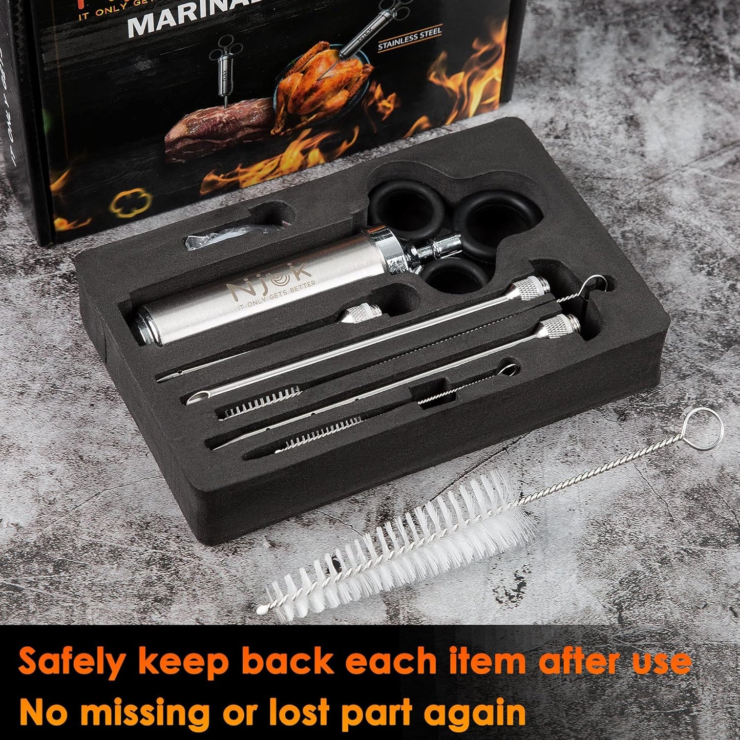 Stainless Steel Meat Flavor Injector Kit, 2-oz Large Capacity with 3 Professional Needles, Marinade and Seasoning Injector Syringe for Beef, Turkey, Brisket, Sturdy and Heavy-duty for BBQ Grill