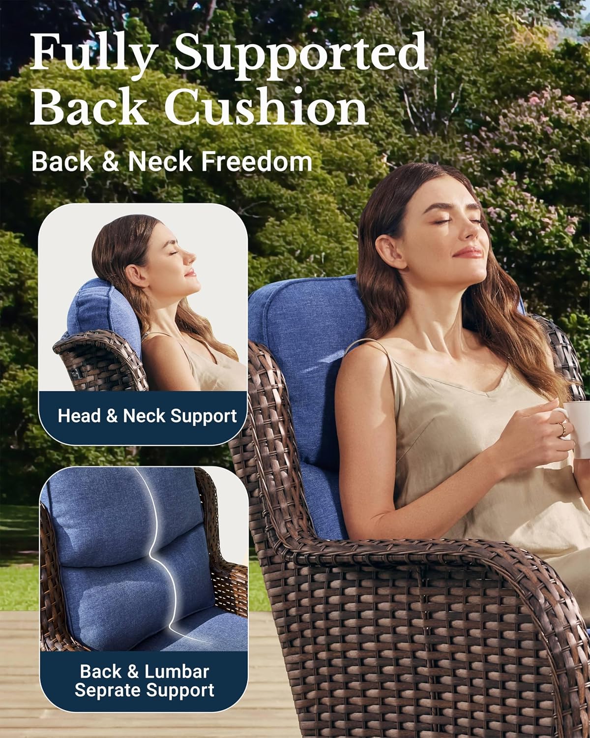 HILLGA Luxury Patio Furniture Set with 6-inch Thick Cushion, Outdoor Couch and High Back Swivel Rocker Patio Chairs, 7PCS Wicker Conversation Set for Deck Yard and Poolside, Blue (V2)