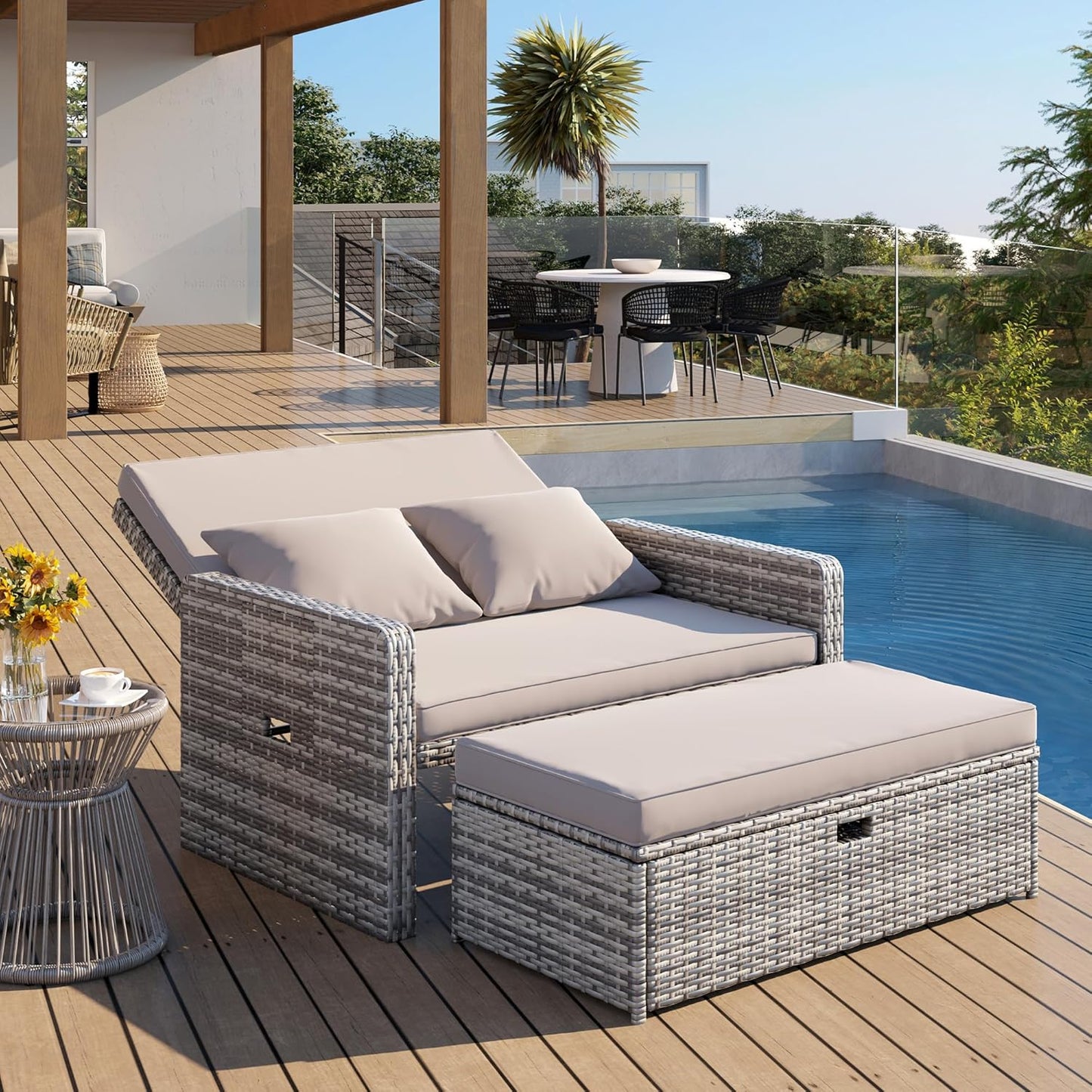 Amopatio Wicker Outdoor Daybed - Outdoor Loveseat with Storage Ottoman,4-Level Adjustable Backrest & Cushions, Patio Loveseat for Yard, Balcony, Porch, Garden, Poolside（Grey）