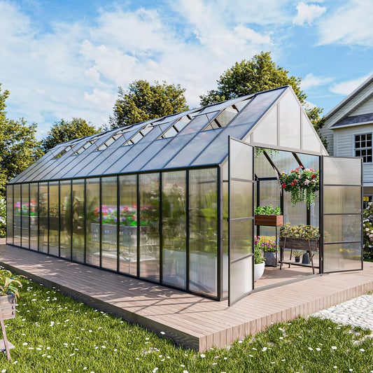 CDCASA 10x28 FT Greenhouse for Outdoors,Large Easy Assembly Thicker Aluminum Polycarbonate Greenhouses w/6 Windows, Double Door, Walk-in Green House for Outside,Patio,Backyard,Garden