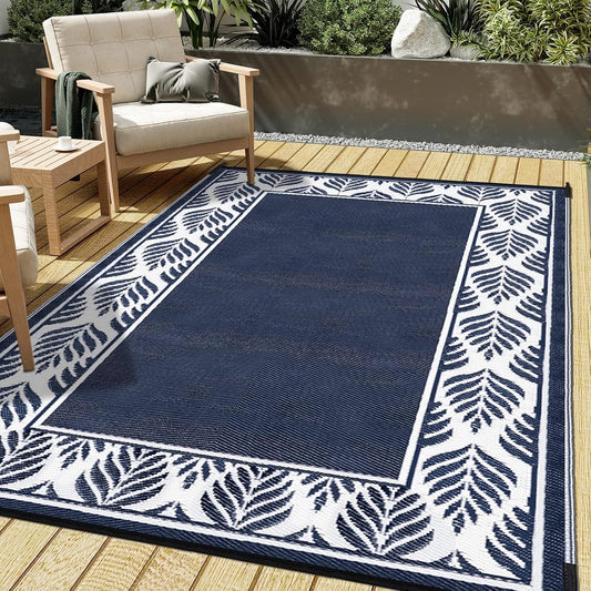 Outdoor Plastic Straw Rug, Waterproof Mat, Washable Large Floor Mat and Rug for Outdoors, RV, Beach, Patio, Camping, Backyard, Deck, Picnic, Outside (5x8ft,Olive-Leaf/Dark Blue&White)