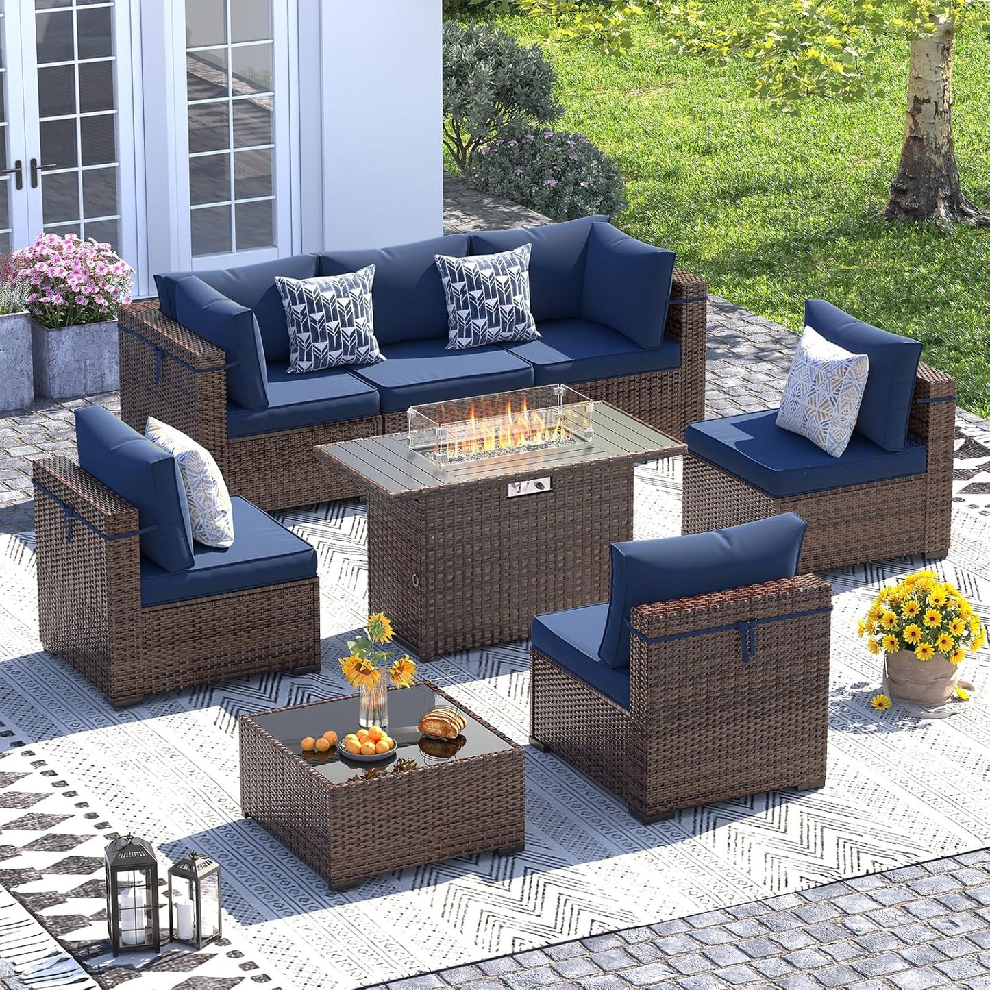 UDPATIO Patio Furniture Set with Fire Pit Table, 8 Piece Outdoor Sectional Modular Sofa, Wicker Outdoor Furniture Conversation Sets with Waterproof Cover for Backyard Deck (Brown/Navy Blue)