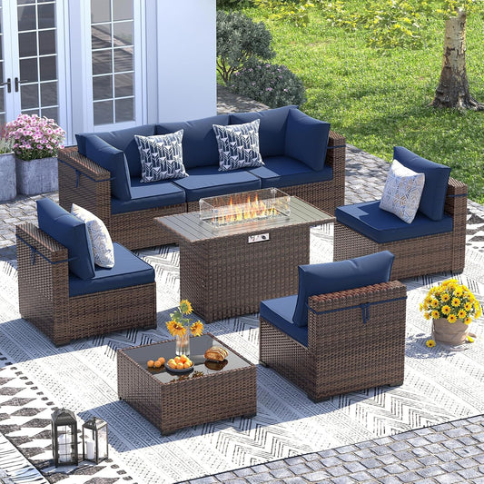 UDPATIO Patio Furniture Set with Fire Pit Table, 8 Piece Outdoor Sectional Modular Sofa, Wicker Outdoor Furniture Conversation Sets with Waterproof Cover for Backyard Deck (Brown/Navy Blue)