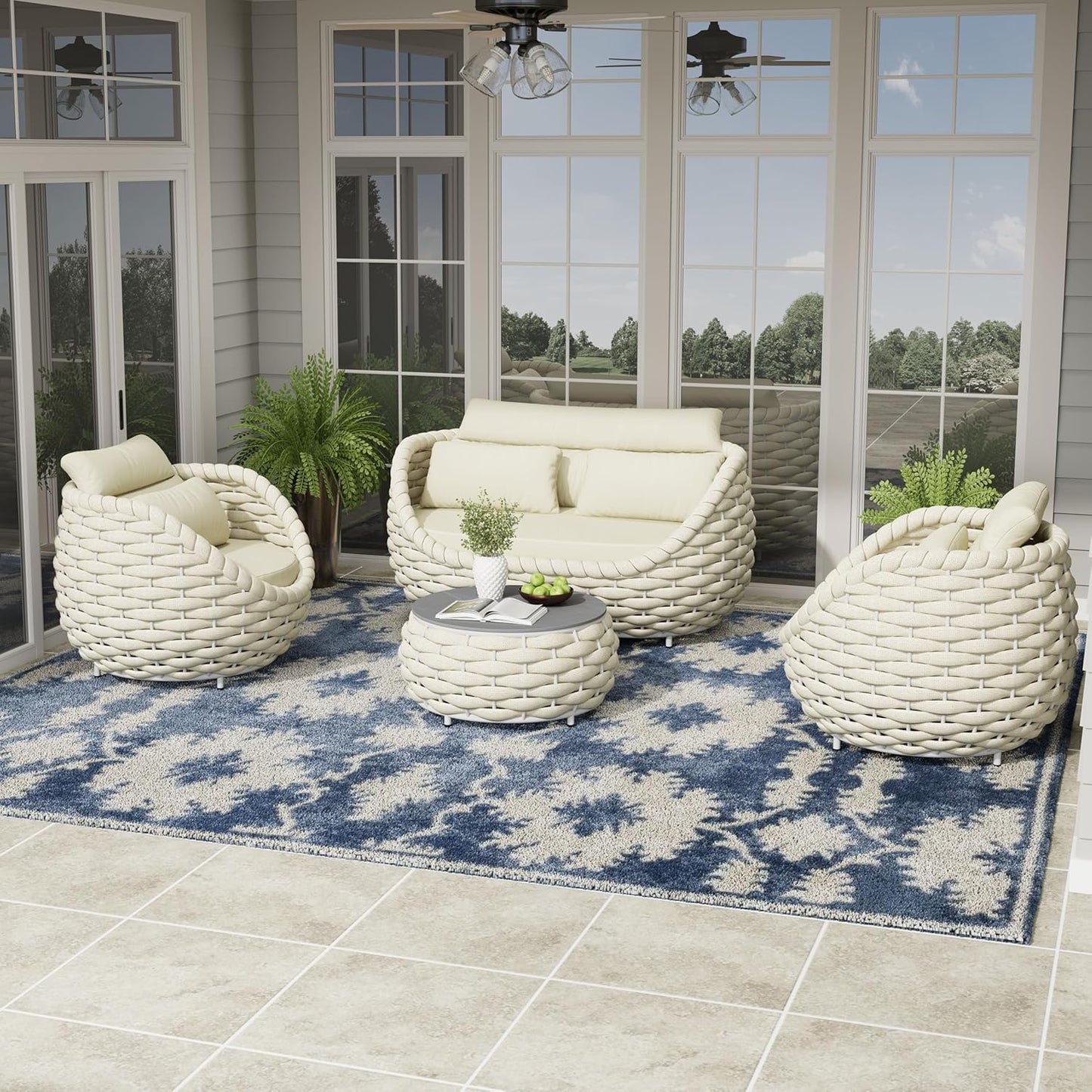 Metal Backyard Furniture Set: Aluminum Assembled Front Porch 4 Pieces Outdoor Set - Woven Rope Patio Conversation Set Modern - Cushioned Deck Couch Set Garden Sunroom Pool Hotel Resort, Beige